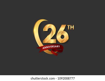 26 anniversary design logotype golden color with ring and red ribbon for celebration