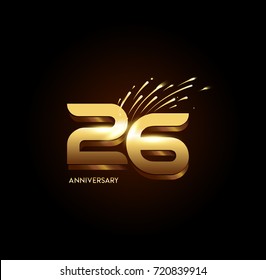 26 Anniversary with fireworks and shiny gold on dark background.Greeting card, banner, poster