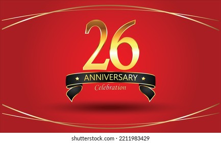 26 Anniversary with red background. 26th Golden anniversary banner. red anniversary celebration. Golden anniversary with ribbon