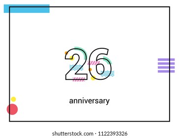 26 Anniversary simple black line with memphis ornaments isolated on white background