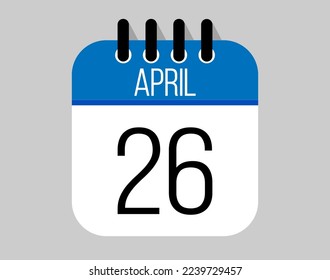 26 April calendar icon. Blue calendar vector for April weekdays. Calendar page design on isolated background