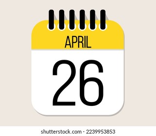 Vector del calendario del día 26 de abril. Icono de la página del calendario del mes de abril en amarillo.