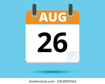 26 August. Flat icon calendar isolated on blue background. Vector illustration.