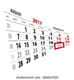 26 August highlighted on calendar 2017. Week starts from Monday. Vector Illustration.