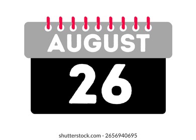 26 august month single day vector, illustration, calendar with ash, black, red and white color background calendar icon of august 26
