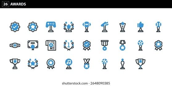 26 Ícones de Prêmios: Visuais Essenciais para Realizações, Reconhecimento, Troféus, Medalhas e Certificações