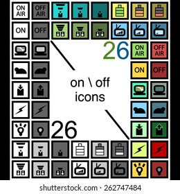 26 color and 26 black and white icons set "on and off" (on air an off air, good and bad signal, low and full battery etc)