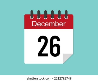 26 day December calendar design. Red calendar vector for December month and day