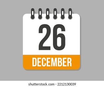26 day december calendar icon. Orange calendar vector on light background for december month