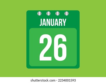 26 day january calendar vector. Calendar page icon for the month of january with metallic pin. Calendar on green background.