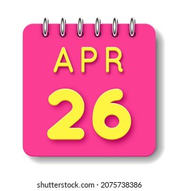26 day of the month. 26 April. Cute calendar daily icon. Date day week Sunday, Monday, Tuesday, Wednesday, Thursday, Friday, Saturday.