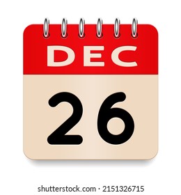 26 day of the month. December. Flip old formal calendar. 3d daily icon. Date. Week Sunday, Monday, Tuesday, Wednesday, Thursday, Friday, Saturday. Cut paper. White background. Vector illustration.