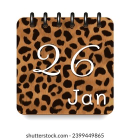 26 day of the month. January. Leopard print calendar daily icon. White letters. Date day week Sunday, Monday, Tuesday, Wednesday, Thursday, Friday, Saturday.  White background. Vector illustration.