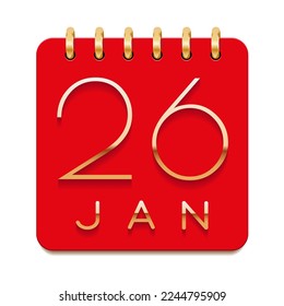 26 day of the month. January. Luxury calendar daily icon. Date day week Sunday, Monday, Tuesday, Wednesday, Thursday, Friday, Saturday. Gold text. Red paper. Vector illustration.