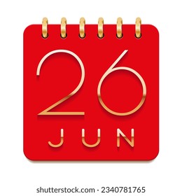 26 day of the month. June. Luxury calendar daily icon. Date day week Sunday, Monday, Tuesday, Wednesday, Thursday, Friday, Saturday. Gold text. Red paper. Vector illustration