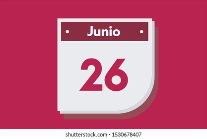 26 de Junio. Dia del mes. Calendario (June 26th. Day of month. Calendar in spanish) vector illustration icon.