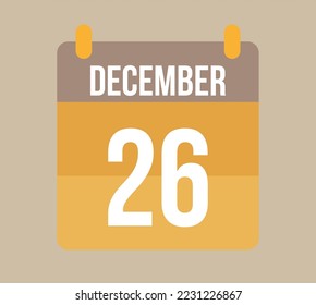 26 december calendar date. Calendar icon for december in orange. Vector for holidays, anniversaries and celebrations