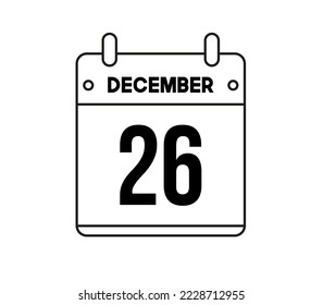 26 december calendar icon. Black and white vector for the days of the month of December