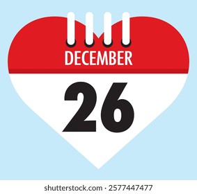 26 December calendar icon red heart shape on light sky blue color background, calendar vector symbol for the month of December.