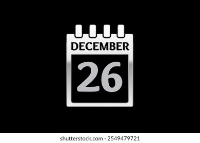 26 December calendar icon text page monthly web design on yellow, red, black, and white background vector, icon, or illustration with the month of December 26