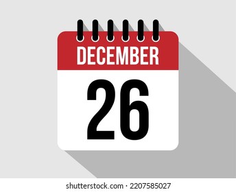 26 December calendar vector icon. Red december date for the days of the month