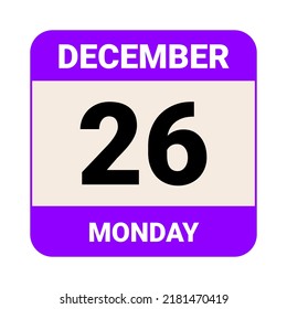 26 December, Monday. Date template. Useful design for calendar or event promotion. Vector illustration EPS 10 File