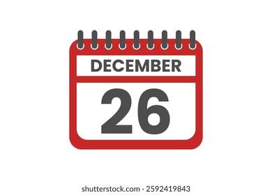 26 December month single day vector, illustration, calendar with red, black and white color background calendar December 26
