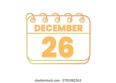 26 Diciembre mes Vector de un solo día, ilustración, calendario con naranja, amarillo, marrón y blanco color de fondo icono de calendario del 26 de diciembre