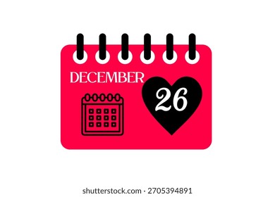26 December month single day vector, illustration, calendar with red, black and white color background calendar icon of December 26