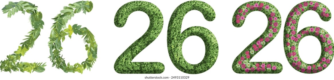 26, design made from green grass, leaves and flower, .suitable for birthday, anniversary and memorial day templates, go green concept	
