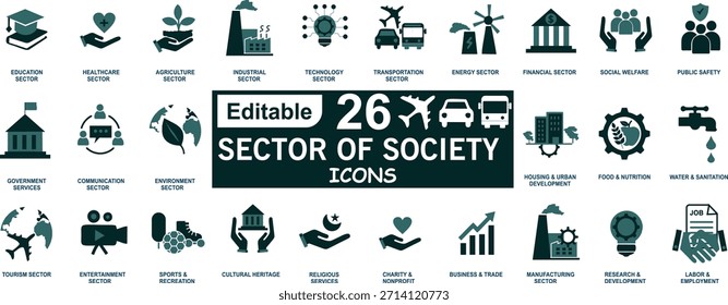 26 Editable Sector of Society Vector Icon Set Including Education, Healthcare, Agriculture, Energy, Finance, Transportation and Government Symbols for Infographic and Web Design