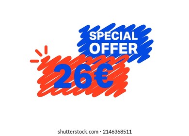 26 Euro OFF Sale Discount banner shape template. Super Sale Euro 26 Special offer badge end of the season sale coupon bubble icon. Modern concept design. Discount offer price tag vector illustration.