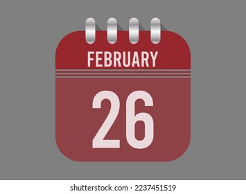 26 February calendar icon. Page vector for calendar on February days. Red design with dark background