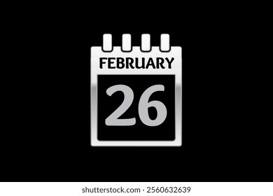 26 February calendar icon text page monthly web design on silver and black background vector, icon, or illustration with the month of February 26