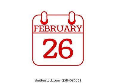 26 February calendar icon text page monthly web design on red and white background vector, icon, or illustration with the month of February 26