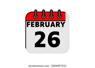 26 February calendar icon text page monthly web design on red, black and white background vector, icon, or illustration with the month of February 26