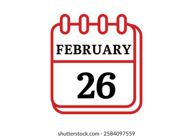 26 February calendar icon text page monthly web design on red, black and white background vector, icon, or illustration with the month of February 26