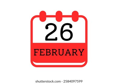 26 February calendar icon text page monthly web design on red, black and white background vector, icon, or illustration with the month of February 26