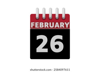 26 February calendar icon text page monthly web design on red, black and white background vector, icon, or illustration with the month of February 26