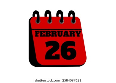 26 February calendar icon text page monthly web design on red, black and white background vector, icon, or illustration with the month of February 26