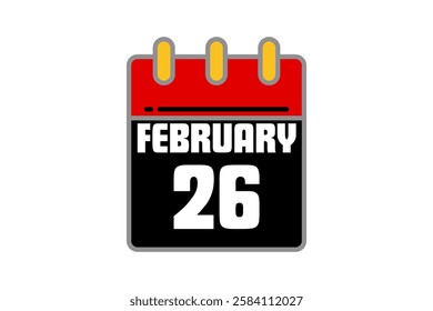 26 February calendar icon text page monthly web design on red, black, yellow and white background vector, icon, or illustration with the month of February 26