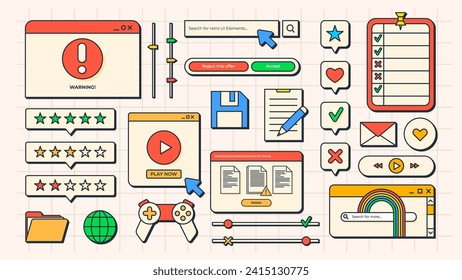 26 Flat Cartoon User Interface Elements. Old Computer Screen. Retro Vaporwave Vector Windows. Y2K style.