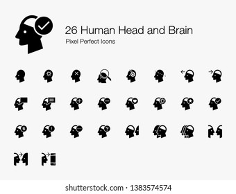 26 Human Head and Brain Pixel Perfect Icons (Filled Style). Vector icon set of person mind, mental, thinking, interaction, and actions. 