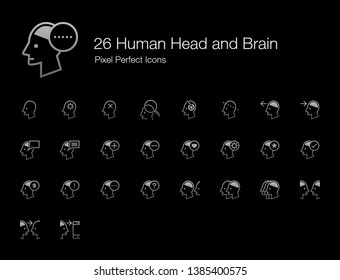 26 Human Head and Brain Pixel Perfect Icons (Line Style Shadow Edition). Vector icon set of person mind, mental, thinking, interaction, and actions. 