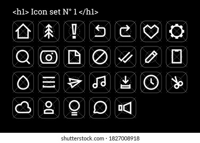 26 conjunto de iconos fondo negro líneas blancas simple apariencia moderna y minimalista para el desarrollo y codificación de aplicaciones