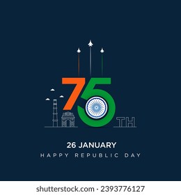 26 january 75th republic day design with indian jets and monuments illustration heritage. India Republic Day social media post, Republic day vector illustration