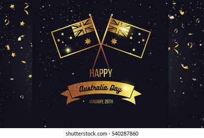 26 january. Australia Day greeting card. Celebration background with  sparkling golden flags and confetti. Vector illustration