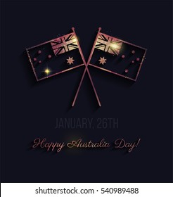 26 january. Australia Day greeting card. Celebration background with  sparkling golden flags. Vector illustration