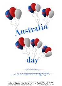 26 january. Australia Day greeting card. Celebration background with flying balloons and waving flag. Vector illustration