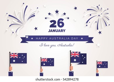 26 january. Australia Day greeting card. Celebration background with fireworks, flags and text. Vector illustration